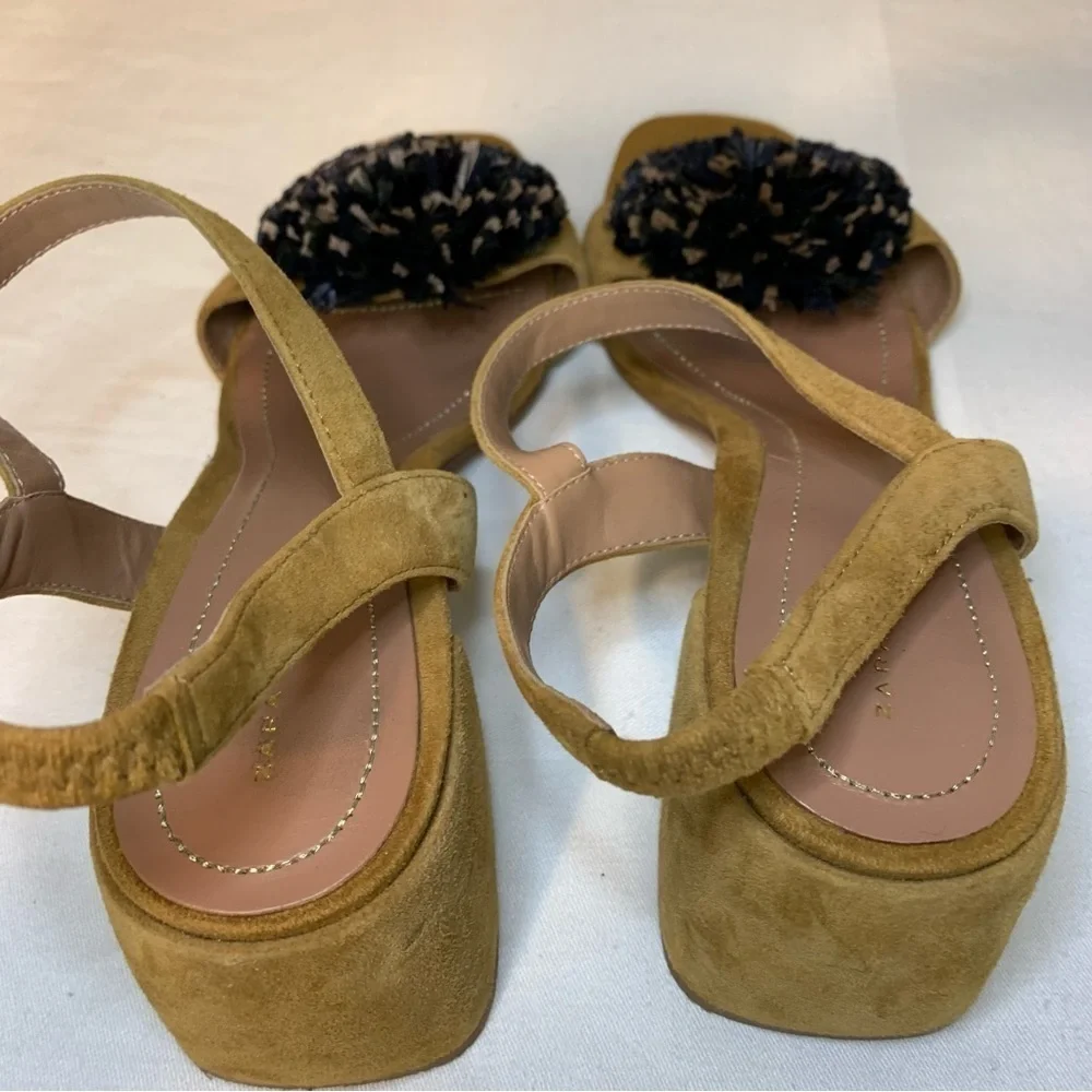 Zara Tan Raffia Pom Pom Suede Sandals- 7